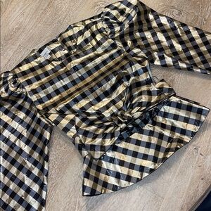 Vintage Metallic Black and Gold Gingham Puff Sleeve Blouse with Peplum